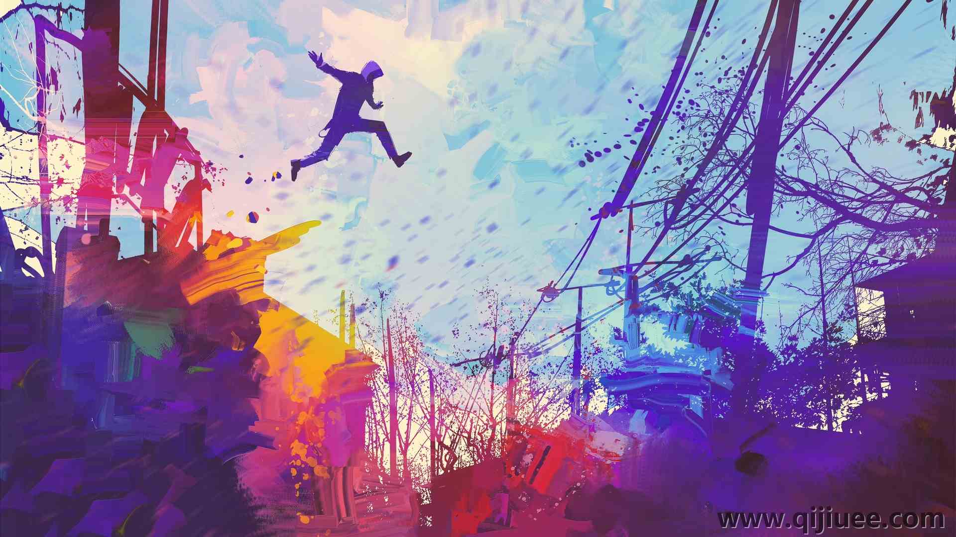 AI艺术 城市 男人 跑酷 抽象插画3840 x 2160/2.6 MB-柒染云阁