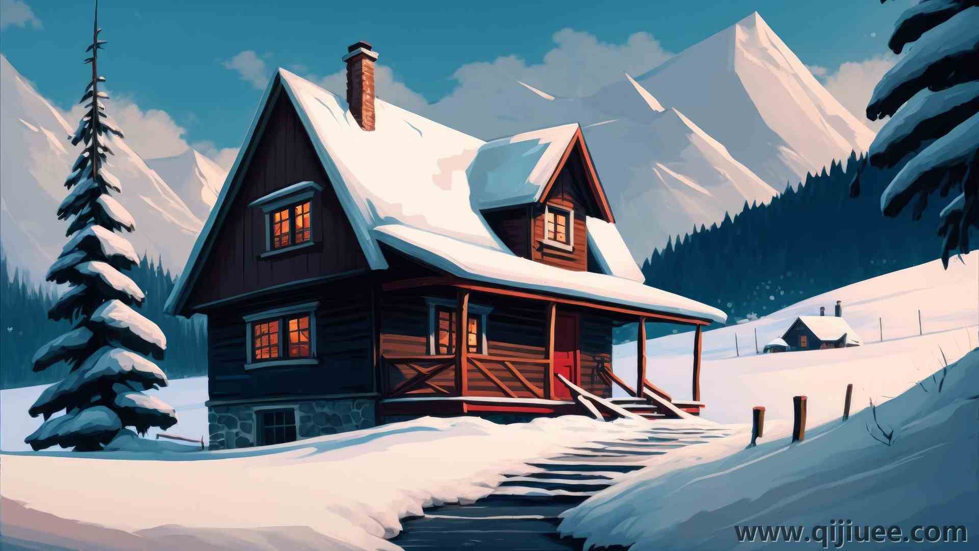艺术 插图 冬天 雪 房子 山 树 楼梯 3840 x 2160/0.86 MB-柒染云阁
