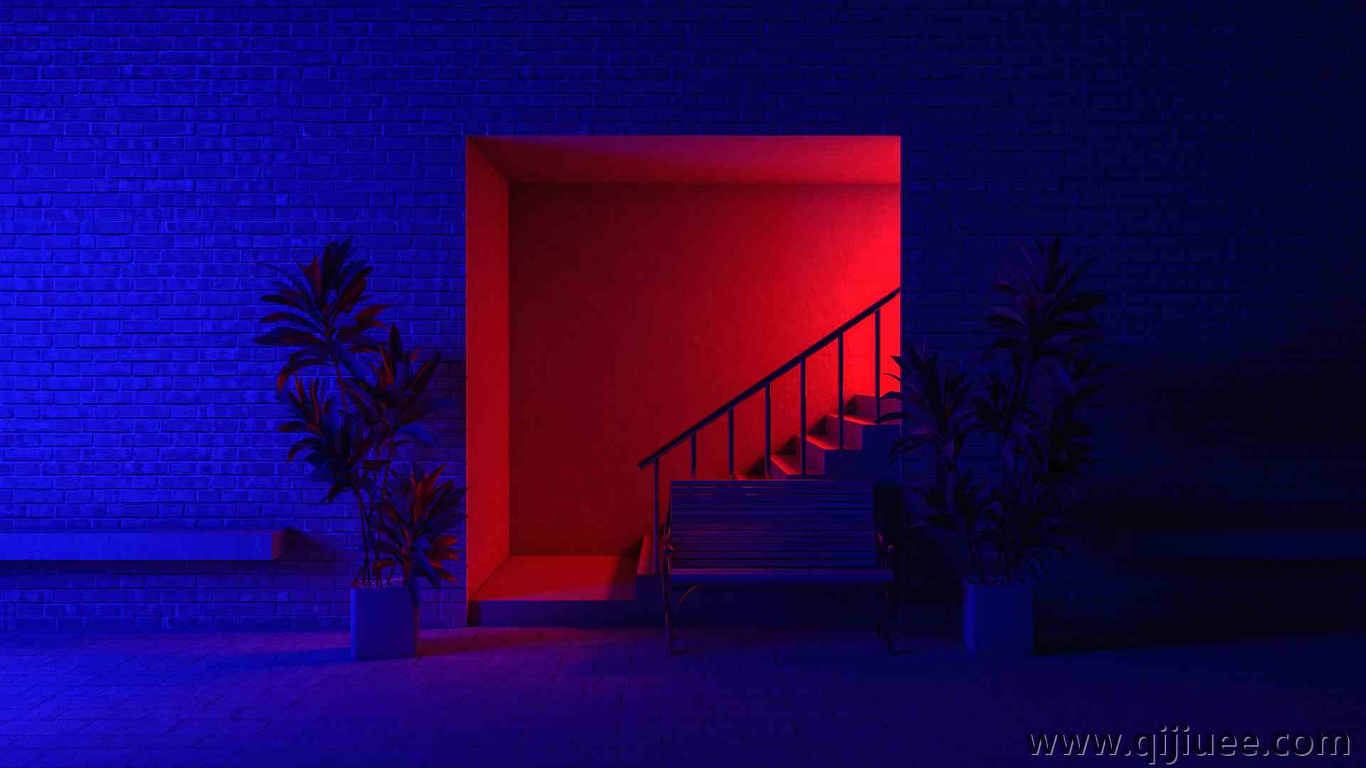 数码艺术 建筑 室内 室内设计 植物 楼梯 红色 蓝色 3840 x 2160/2.84 MB-柒染云阁
