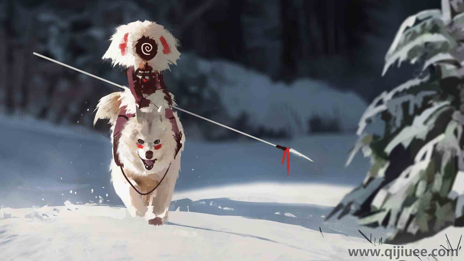 雪花 AI艺术 长矛 狼 幽灵公主1920 x 1080/0.22 MB-柒染云阁