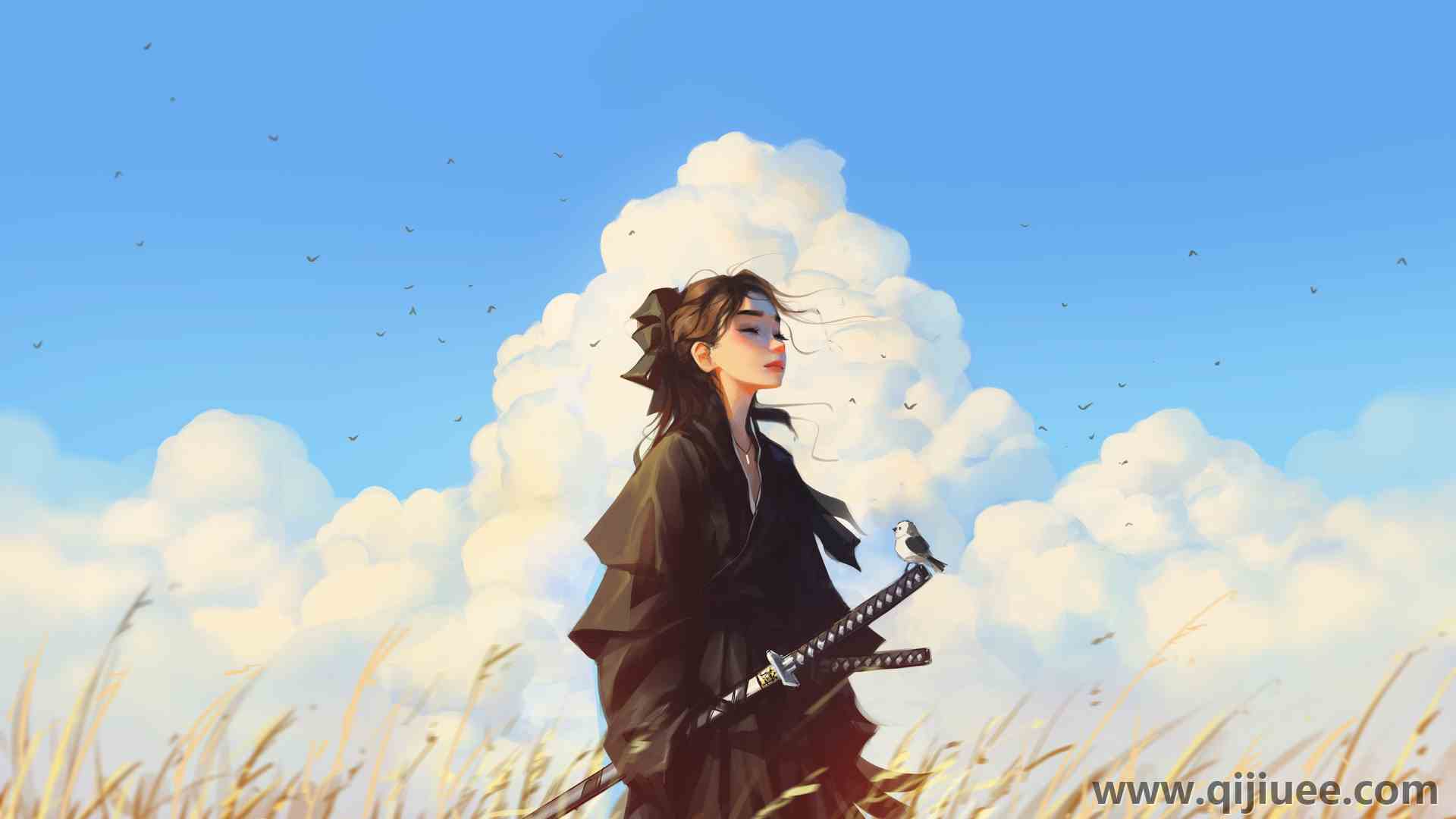 武士 云 田野 天空 风 头发在风中飘动 AI艺术 3840 x 2160/0.71 MB-柒染云阁