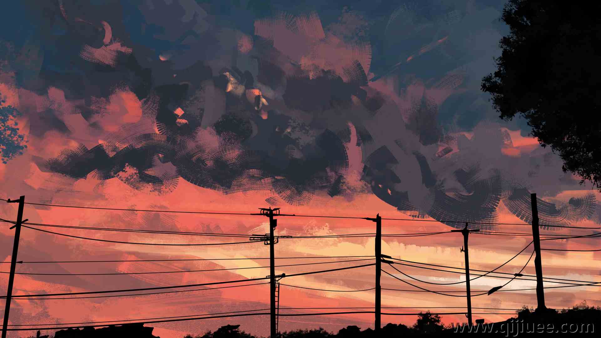 AI艺术 云 电线杆 油画风格  夕阳下的景物3840 x 2160/1.73 MB-柒染云阁