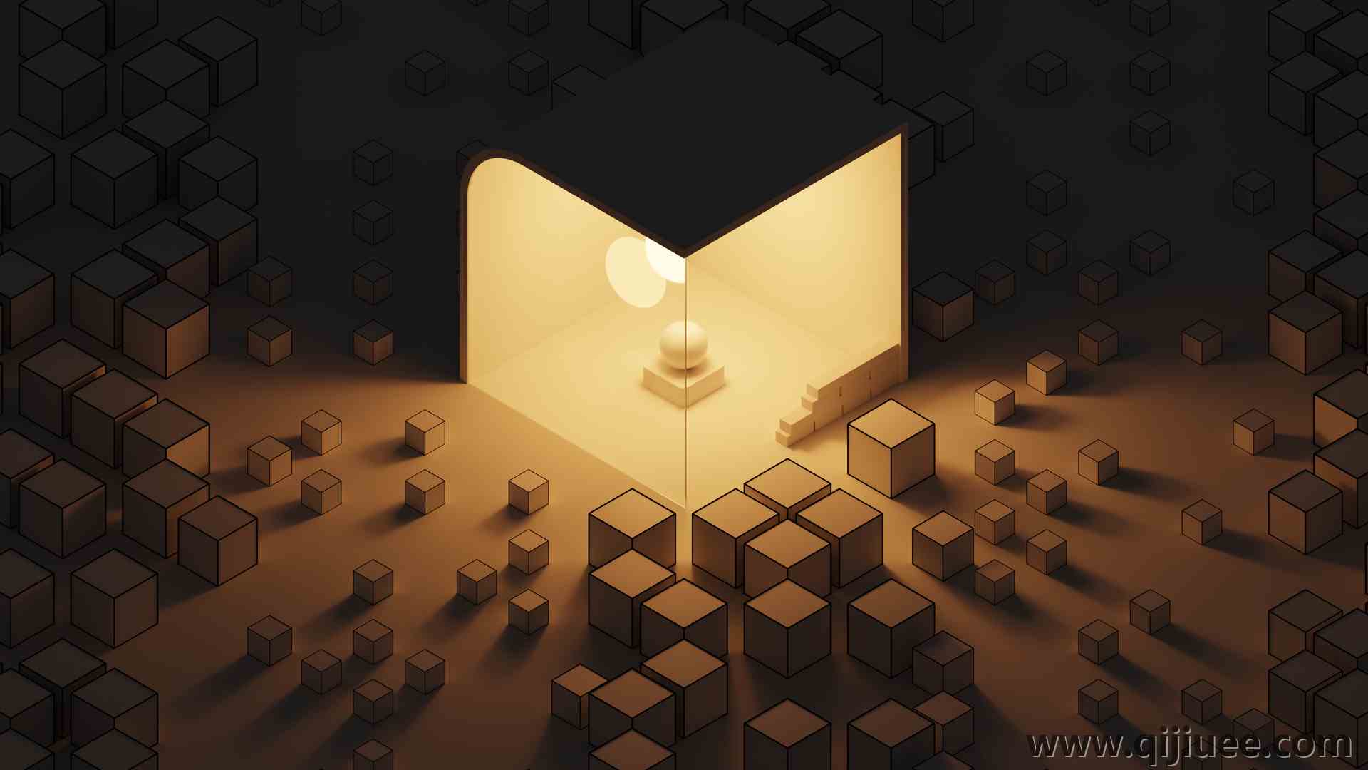 深色 抽象 夜间 AI艺术 立方体 正方形 米色 抽象 块 数字发光 3840 x 2160/0.85 MB-柒染云阁