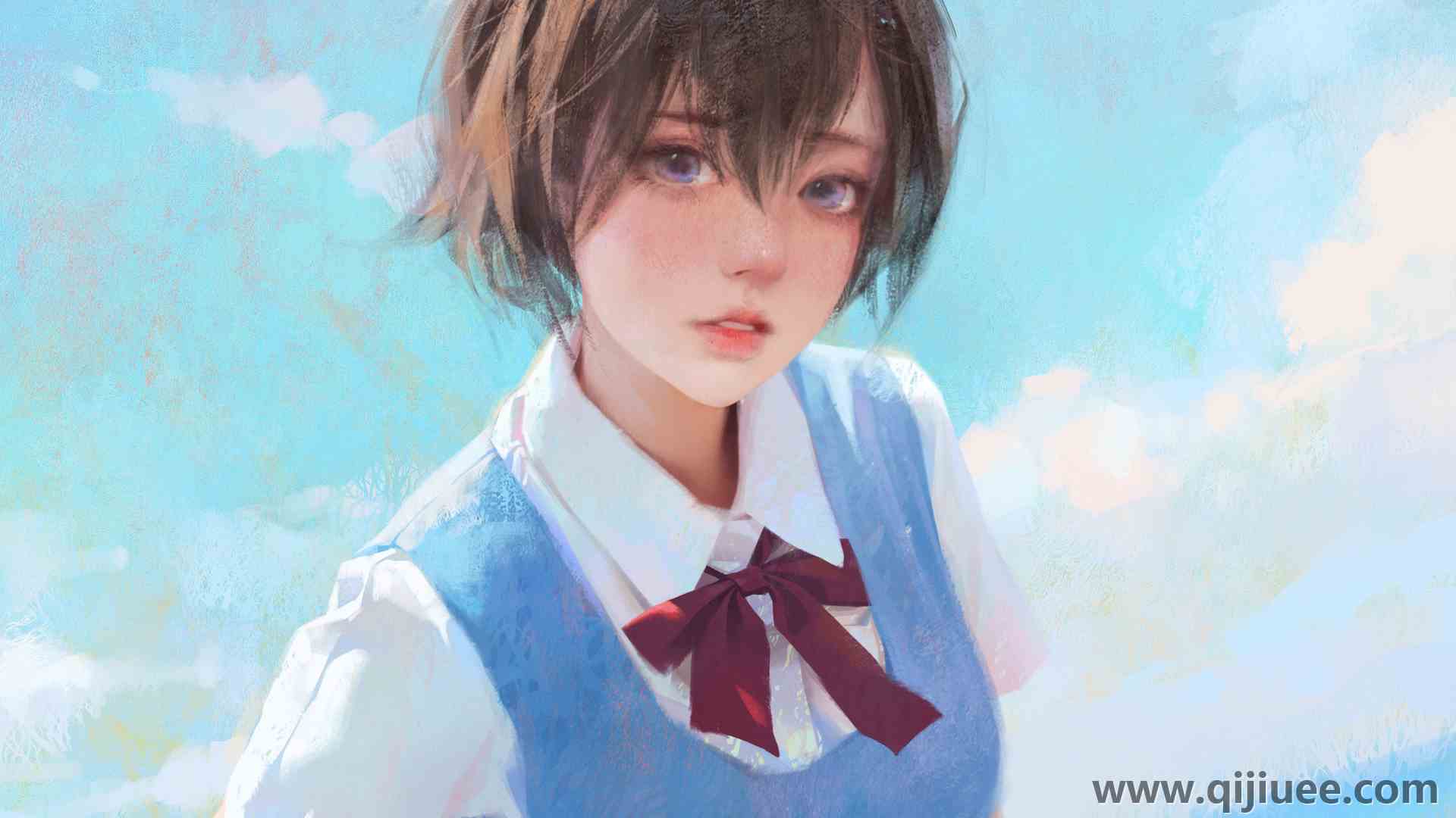 短发 动漫女孩 AI艺术 领带 油画 天蓝色 制服  电脑壁纸 4K壁纸3840 x 2160/6.23 MB-柒染云阁