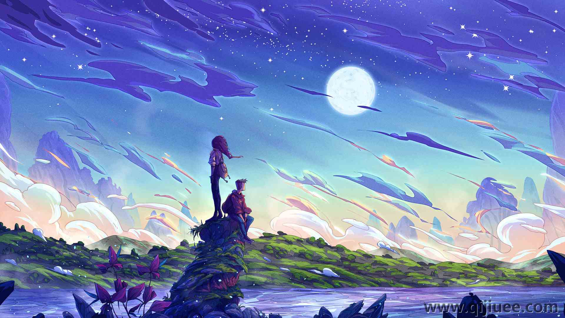 旅行者 AI艺术 奇幻艺术 云 山 草 星 夜 山 月亮 溪流 男人  电脑壁纸 4K壁纸3840 x 2160/2.66 MB-柒染云阁