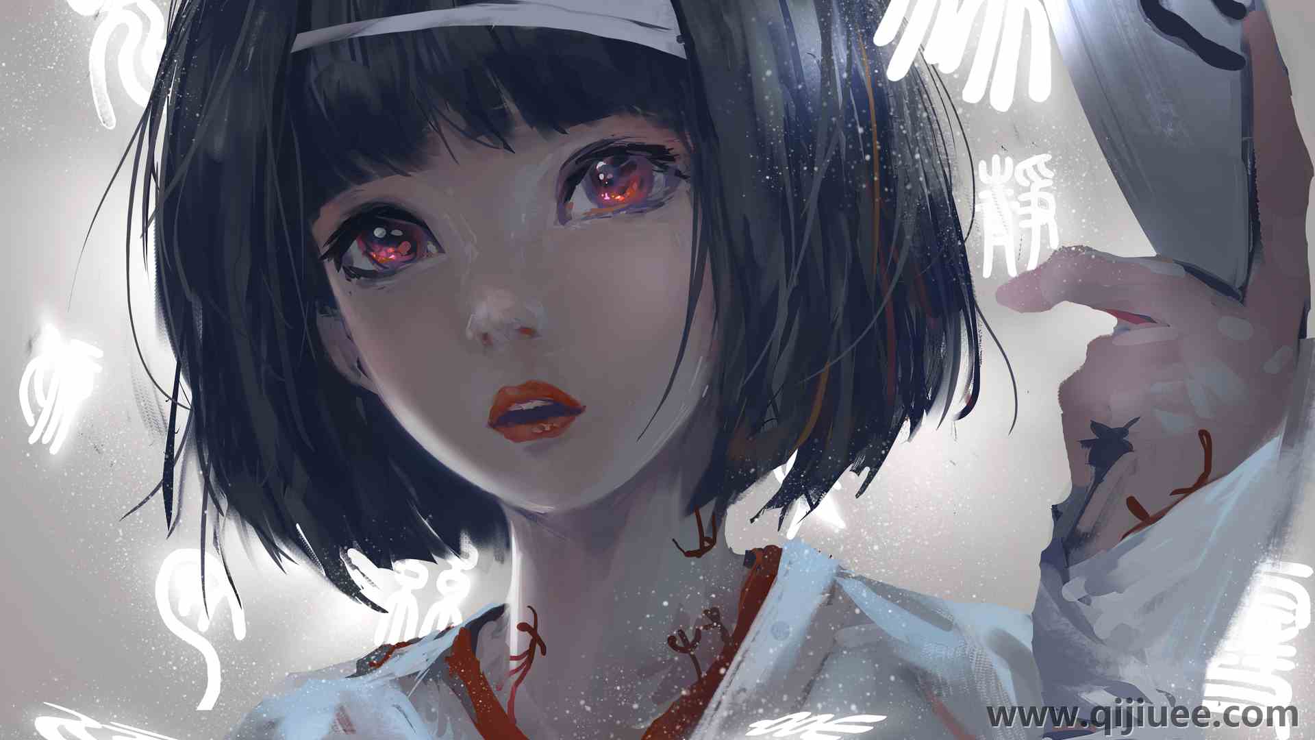 墨水女孩 张嘴 短发 钝刘海 红眼睛 动漫 电脑壁纸 4K壁纸4000 x 3000/4.13 MB-柒染云阁