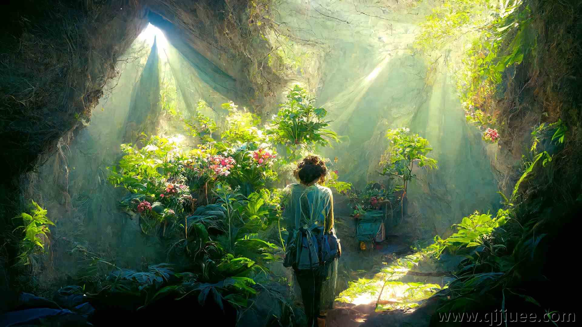 植物 洞穴 鲜花 阳光 AI艺术 岩石 艺术 电脑壁纸 4K壁纸4096 x 2304/1.59 MB-柒染云阁
