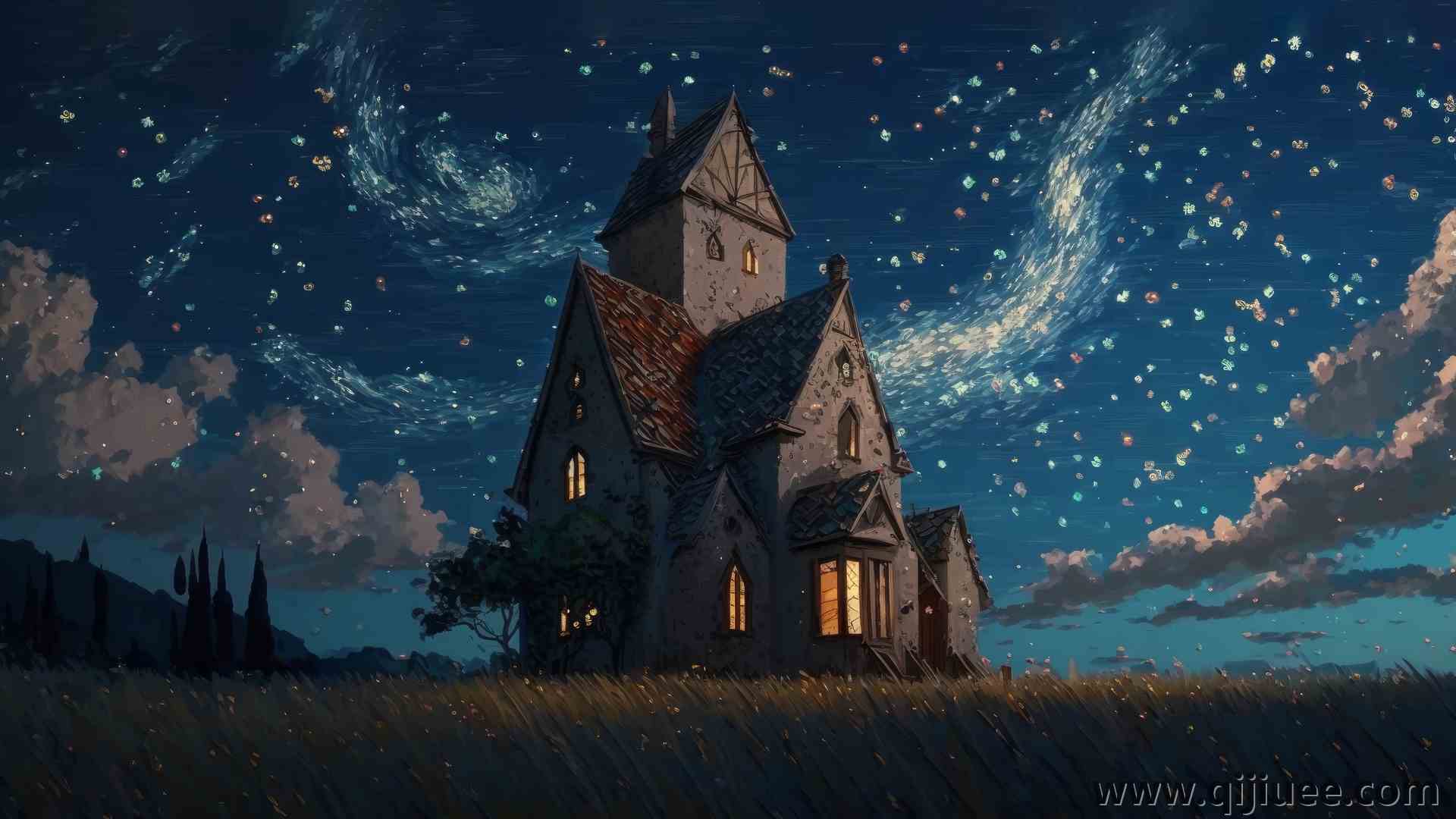 艺术 房子 星星 绘画 天空 星夜 草  电脑壁纸 4K壁纸4579 x 2616/6.79 MB-柒染云阁