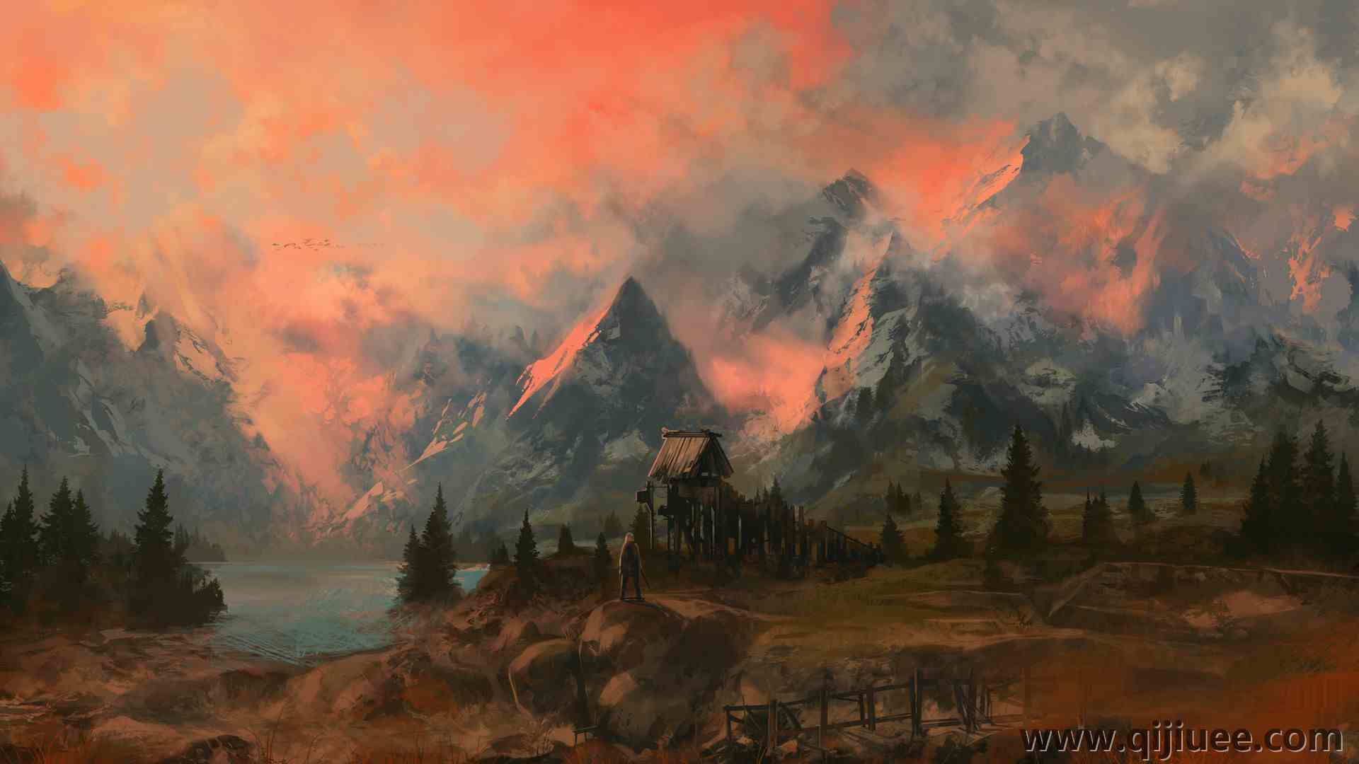 白山 日落 风景 橙色天空 长老卷轴 扇形艺术 雾 云 电脑壁纸 4K壁纸3840 x 2376/1.38 MB-柒染云阁