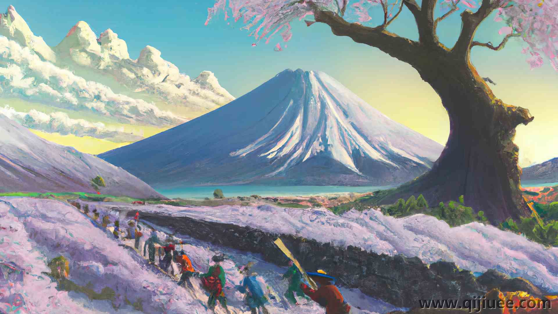 绘画 AI艺术 山 树 艺术 樱花 风景 云 富士山 天空  电脑壁纸 4K壁纸3840 x 2160/10.7 MB-柒染云阁