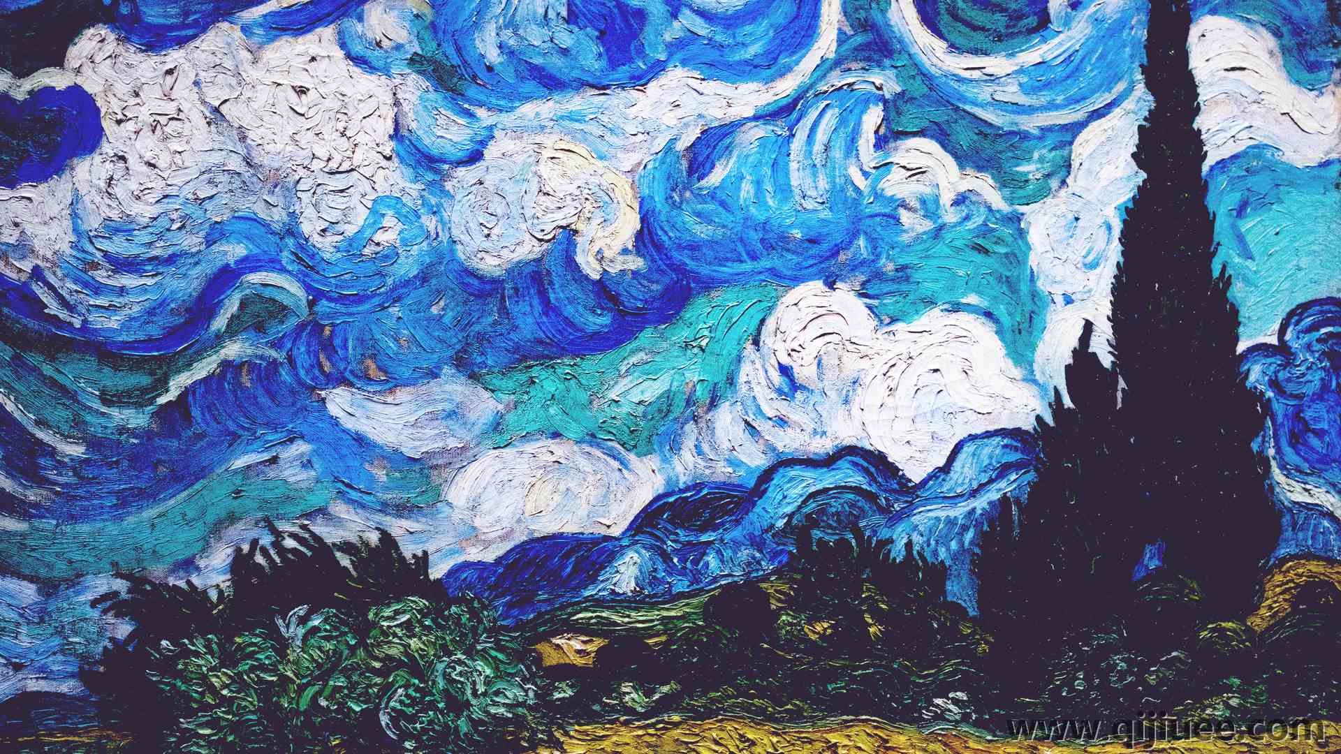 文森特·梵高 云 柏树 灌木丛 蓝色 绘画 古典艺术  电脑壁纸 4K壁纸3840 x 2160/9.83 MB-柒染云阁