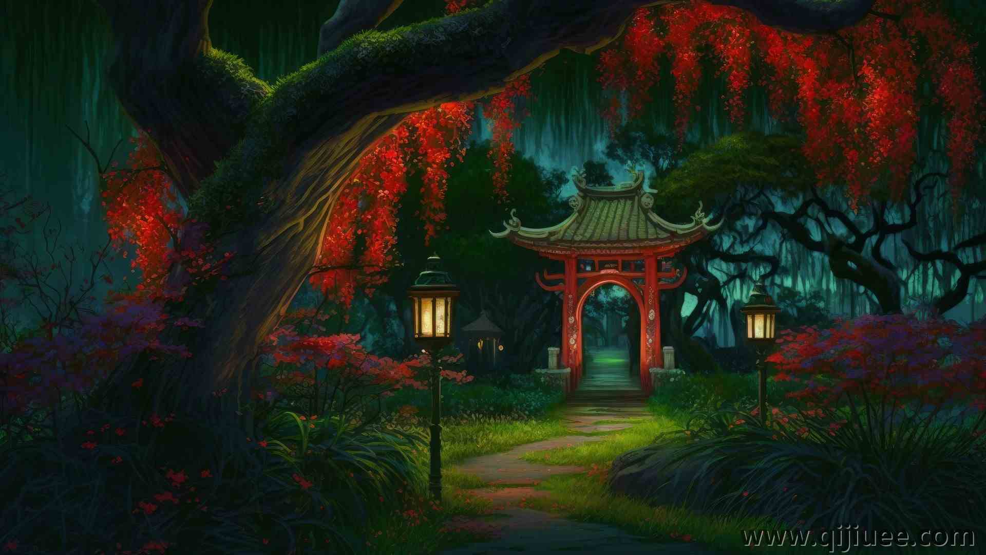 艺术 插图 路径 森林 灯笼 亚洲建筑  电脑壁纸 4K壁纸4579 x 2616/1.81 MB-柒染云阁