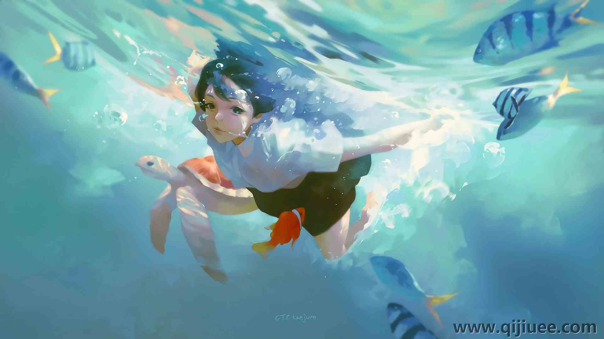 女人 深色头发  游泳 乌龟 鱼 插图 动漫女孩  电脑壁纸 4K壁纸3840 x 2160/0.67 MB-柒染云阁