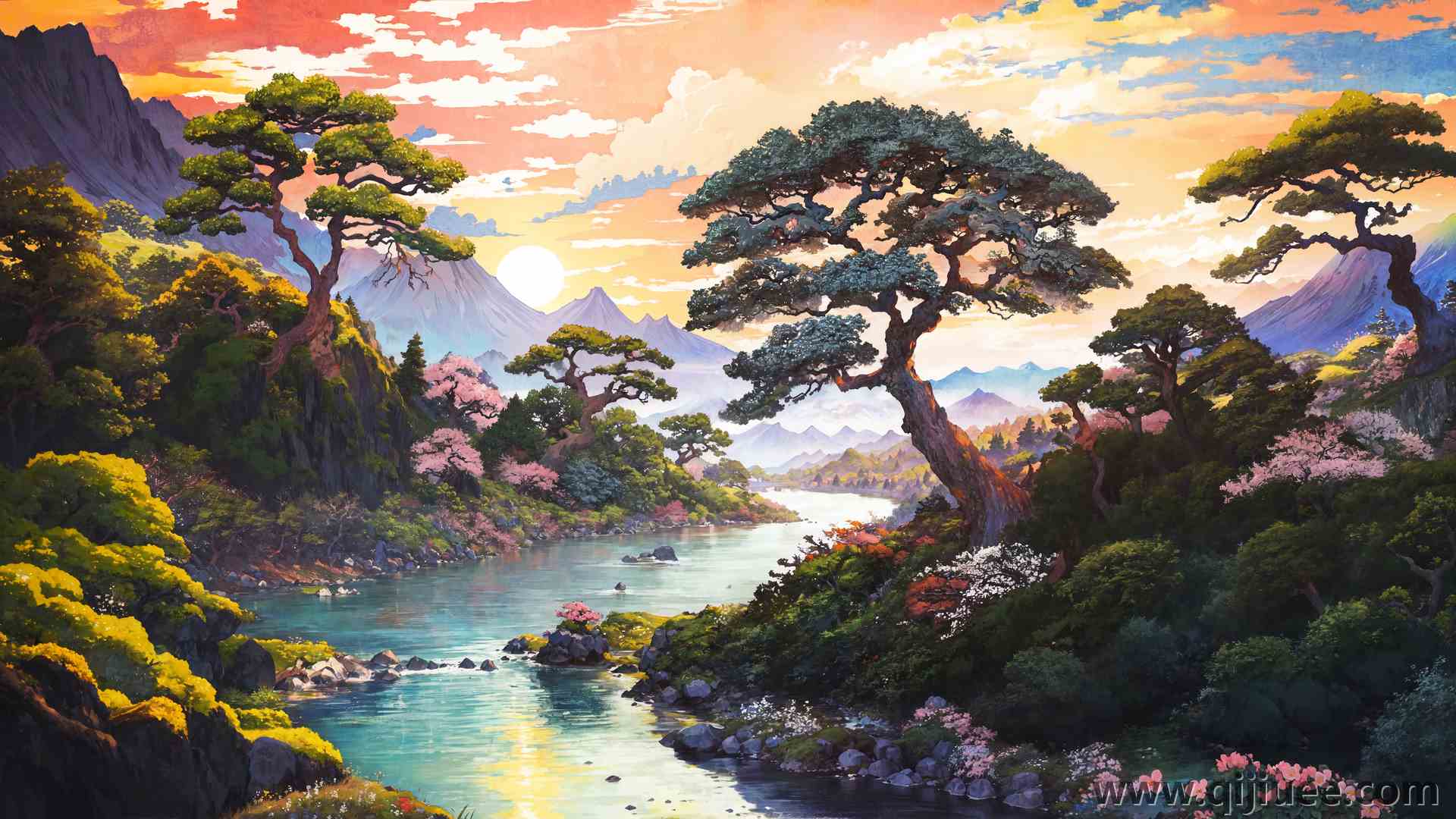 自然 艺术 风景 河流 树木 森林 太阳 山脉 云 岩石  电脑壁纸 4K壁纸3840 x 2160/13.59 MB-柒染云阁