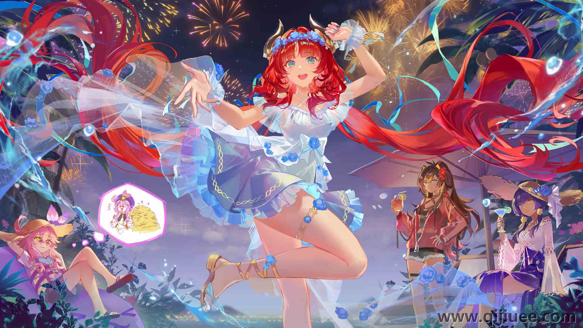 微笑 长发 红发 蓝眼睛 粉红头发 帽子 女人 紫色头发 动漫 女孩 太阳帽 黄色眼睛 花朵 烟花 夜 天空 树叶 蓝色指甲 饮料   4K壁纸4800 x 2700/16.39 MB-柒染云阁
