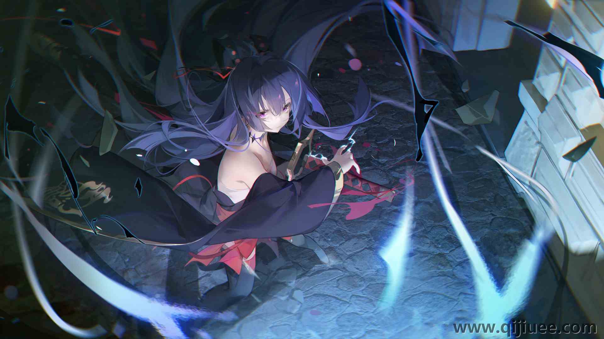 假名 紫色头发 肩膀 动漫 动漫女孩 紫色眼睛 服装 剑 5120 x 2880/15.86 MB-柒染云阁
