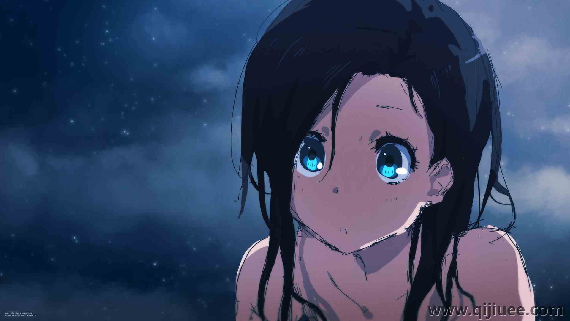 长发 蓝眼睛 汤姆·斯肯德 原创人物 脸 动漫女孩 黑发 动漫 邪恶艺术 蓝色背景 5120 x 2880/1.96 MB-柒染云阁