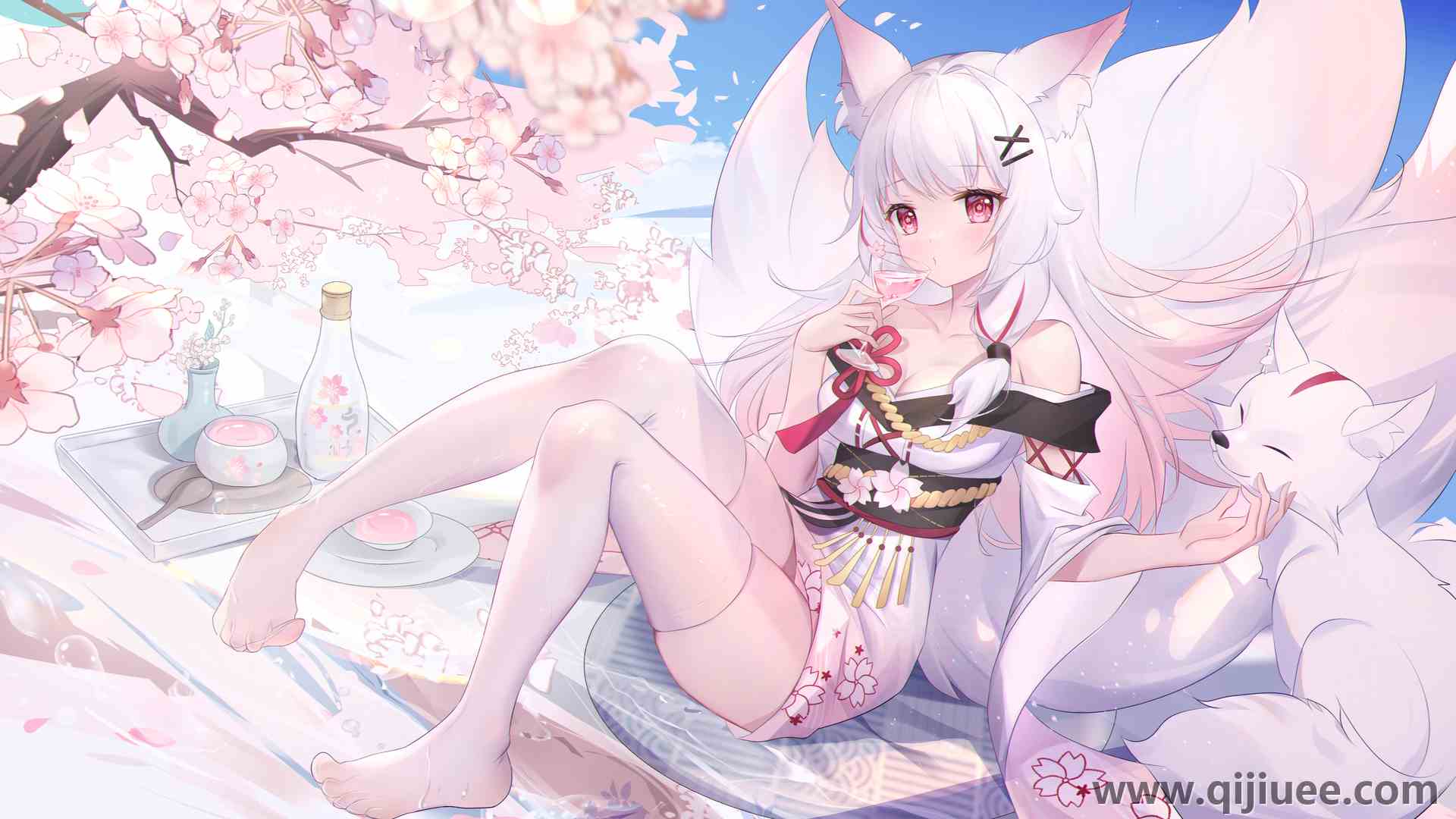 睡衣 白发 红眼睛 动漫 动漫女孩 樱花 狐狸少女 兽耳 尾巴 服装 大腿高 5332 x 3000/11.22 MB-柒染云阁