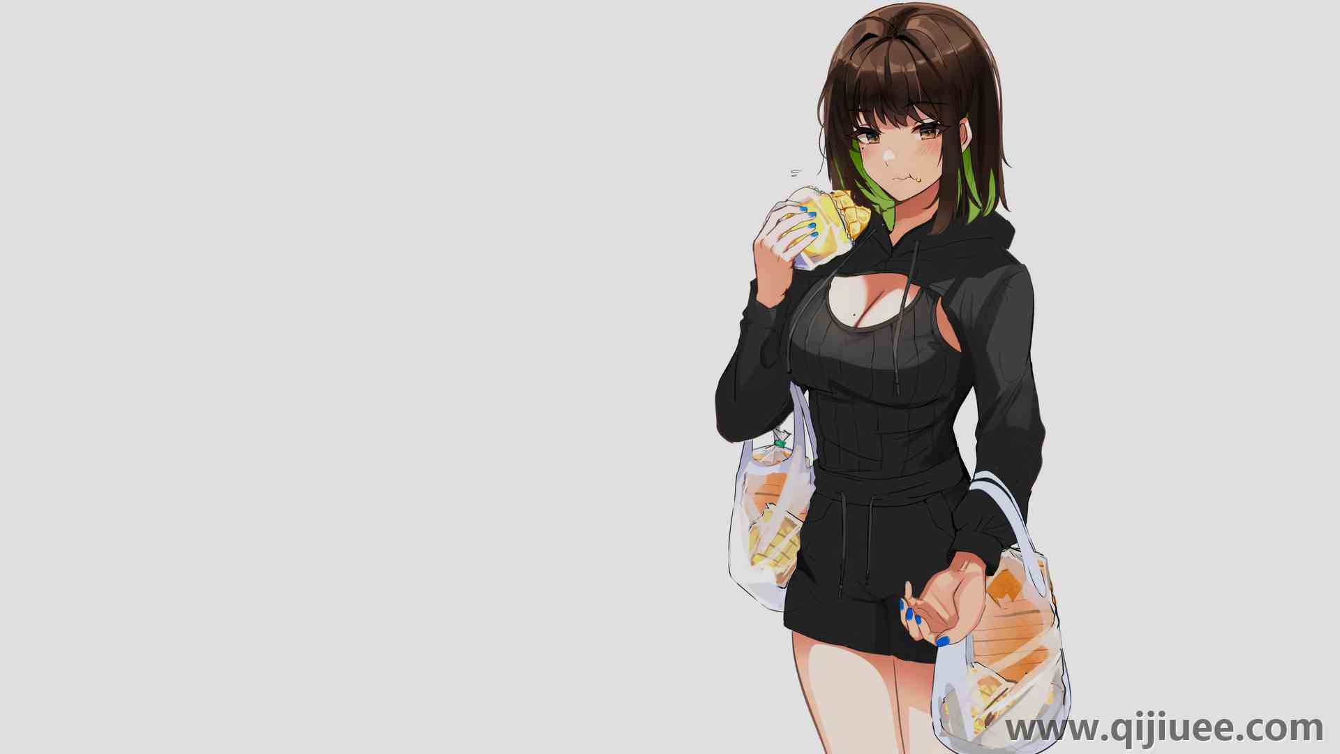 奥米勒 深色头发 染发 食品 包 毛衣 吃 动漫女孩吃 动漫女孩 短裤 极简主义 简单背景 塑料 3840 x 2160/1.57 MB-柒染云阁
