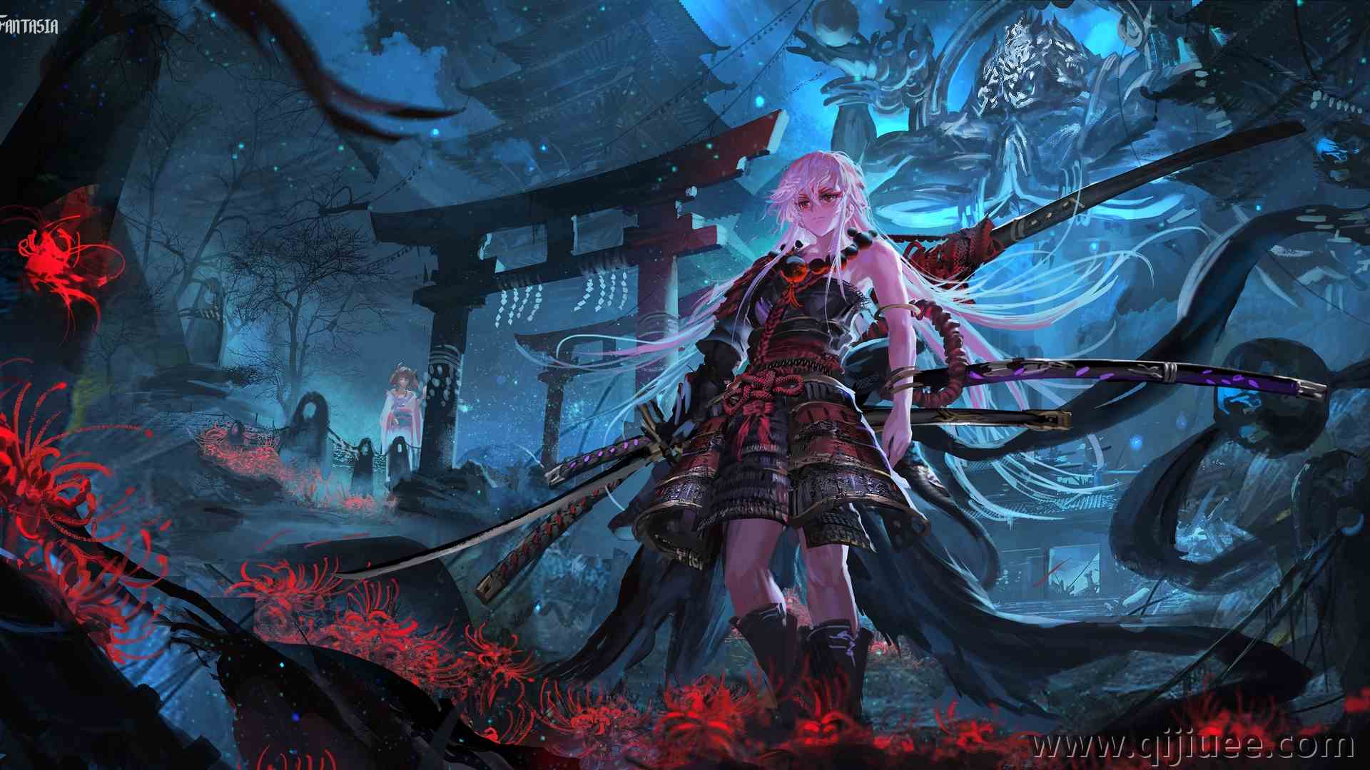 白发 长发 红眼睛 幻想女孩 幻想曲 动漫女孩 展望远方 武士 盔甲 武士 武士 武器 幻想艺术 环境 鲜花 建筑 雕像 黑色 数码绘画 插图 素描 AI艺术 扇形艺术 4822 x 2353/6.97 MB-柒染云阁