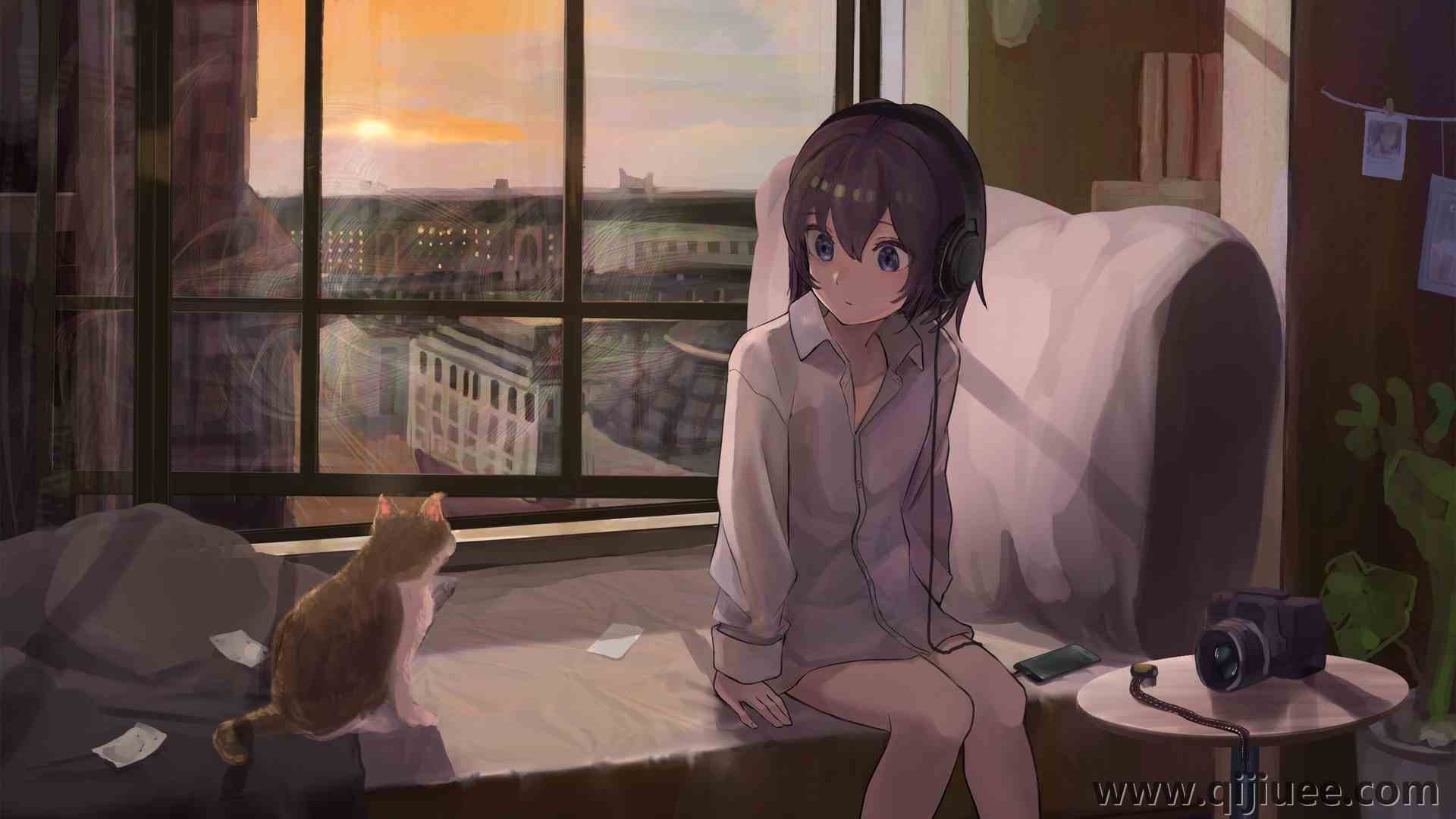 动漫 猫 窗户 耳机 动物 动漫女孩 室内 3840 x 2160/1 MB-柒染云阁