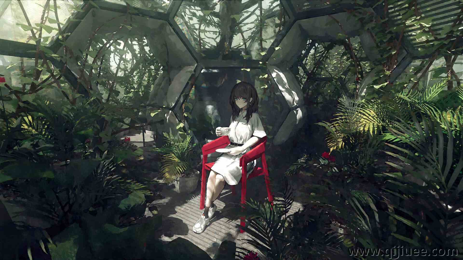 坐着 盘子 动漫女孩 椅子 杯子 植物 树叶 耳环 耳环 花朵 3840 x 2160/4.24 MB-柒染云阁