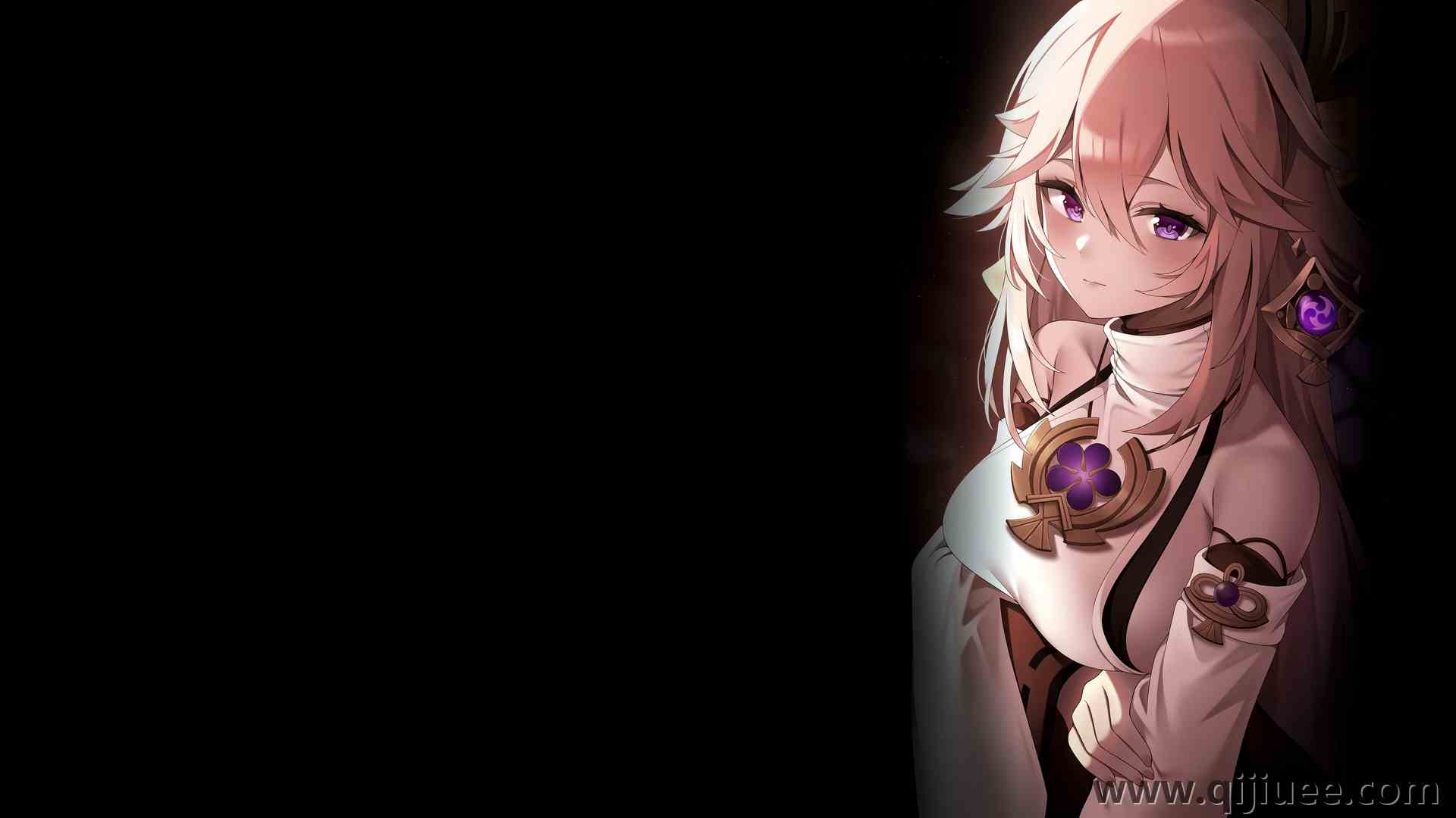 粉色头发 卷轴 原神 紫色眼睛 动漫女孩 动漫 简单背景 黑色背景 图片 3840 x 2160/1.62 MB-柒染云阁
