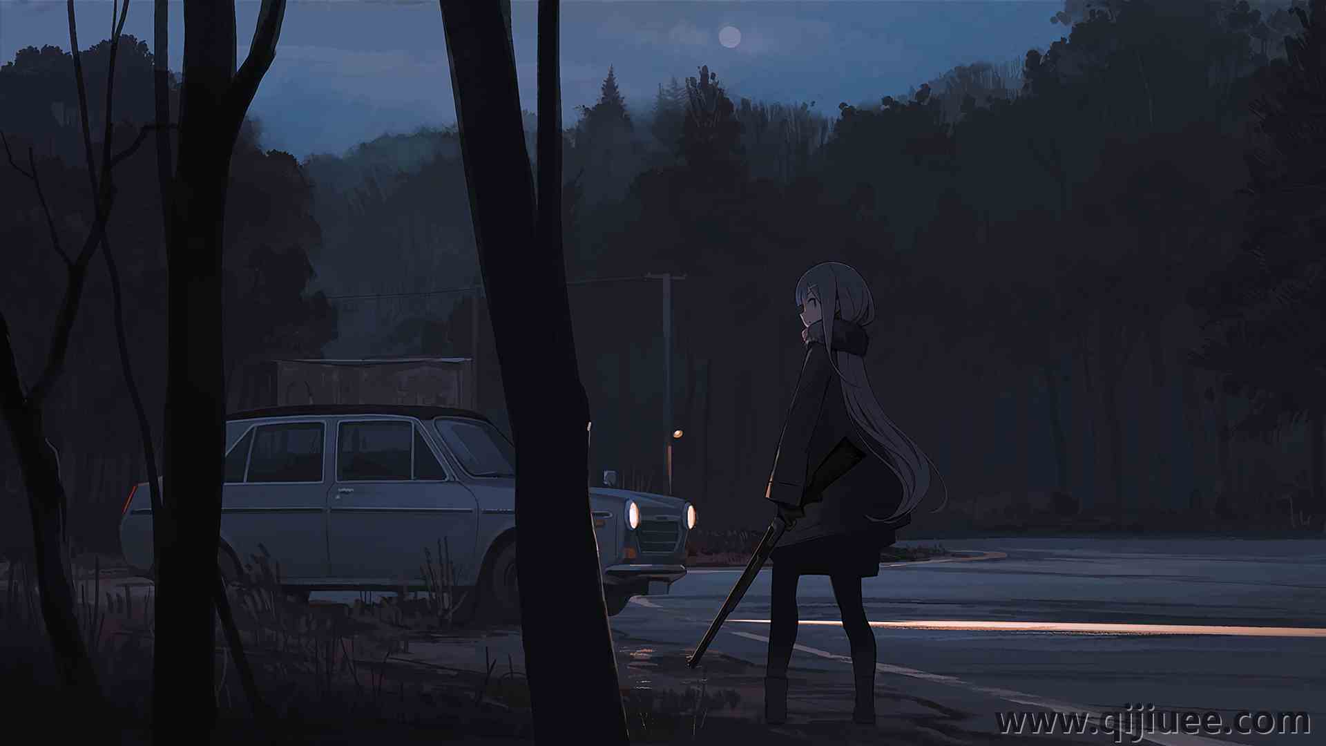 长发 苍白 动漫 动漫女孩 黑色背景 夜晚 森林 汽车 道路 武器 3840 x 2160/3.78 MB-柒染云阁