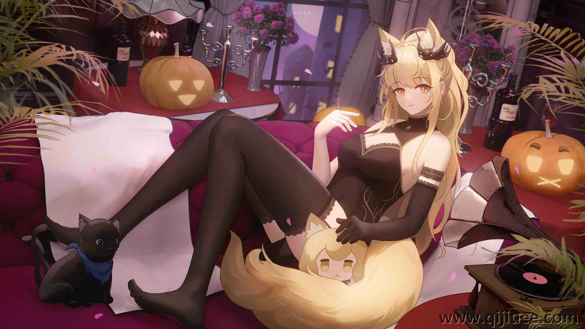 狐狸耳朵 狐耳 狐狸尾巴 狐尾 金发女郎 明日方舟 动漫女孩 狐狸女孩 狐女 南瓜 长袜 猫 蜡烛 鲜花 5000 x 2800/19.86 MB-柒染云阁
