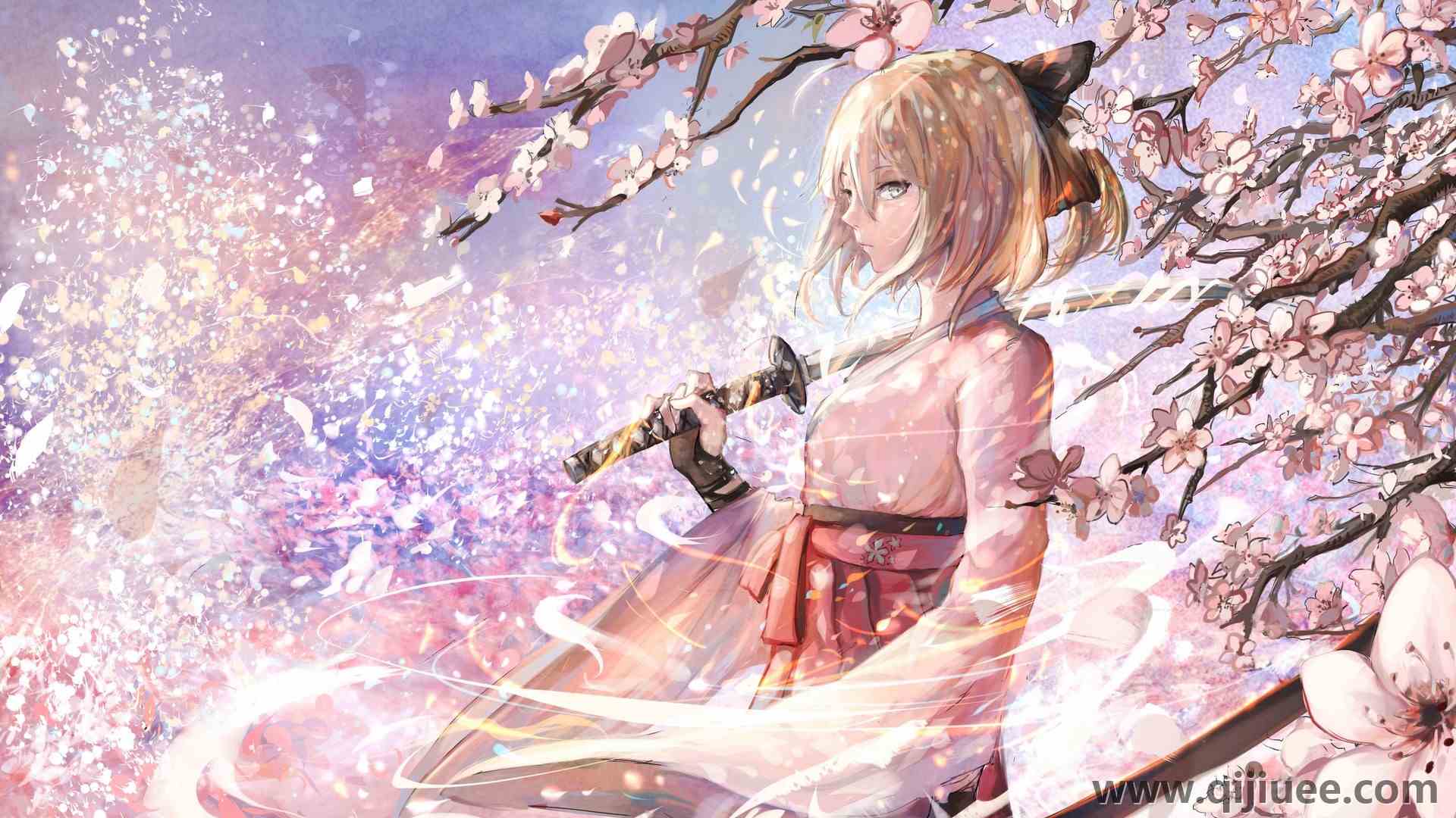 短发 金发 剑女 奇幻女孩 动漫 动漫女孩 武侠 服装 樱花 命运系列 冈田秀二 皮耶夫 剑 武器 奇幻艺术 4000 x 2400/1.62 MB-柒染云阁