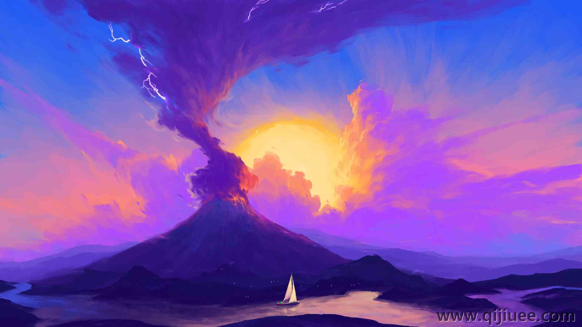 风景 云 船 自然 河 太阳 天空 签名 电脑壁纸 4K壁纸3840 x 2160/2.2 MB-柒染云阁