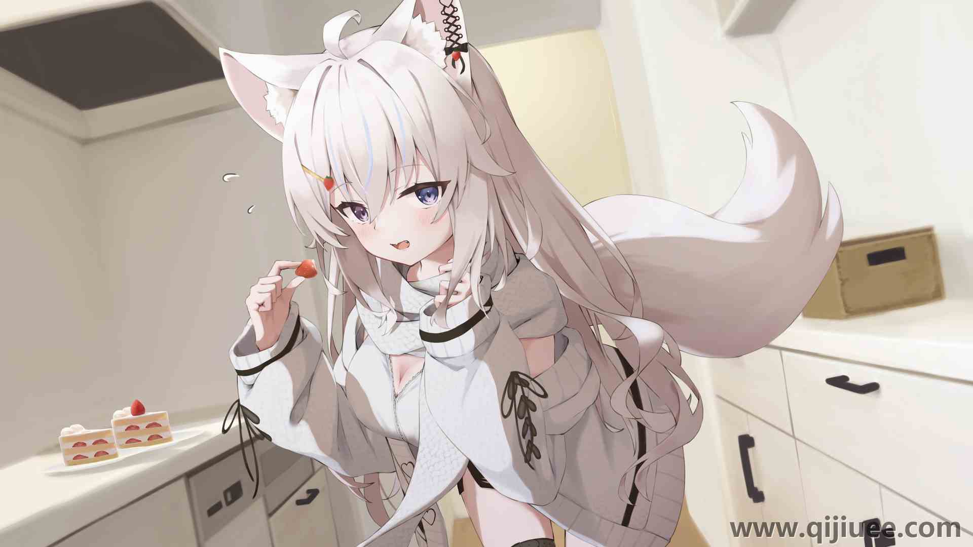 狐狸耳朵 狐耳 狐狸尾巴 狐尾 长头发 动漫 动漫女孩 狐狸少女 异色 蛋糕 草莓 糖果 两个音的头发 脸红 3840 x 2160/4.57 MB-柒染云阁