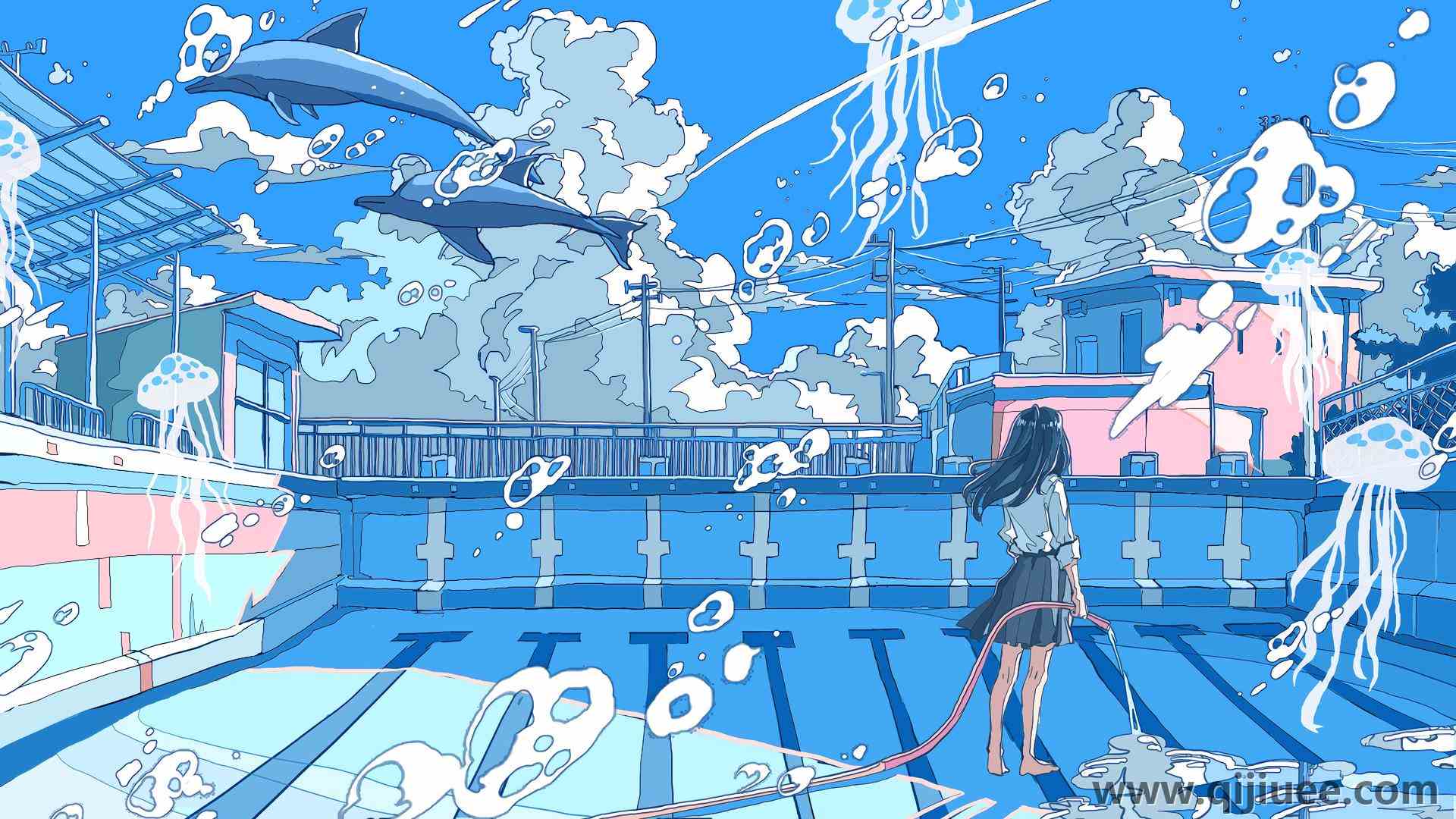 女学生 动漫 动漫女孩 海豚 水母 动物 水 云 游泳池 校服7680 x 4320/2.58 MB-柒染云阁