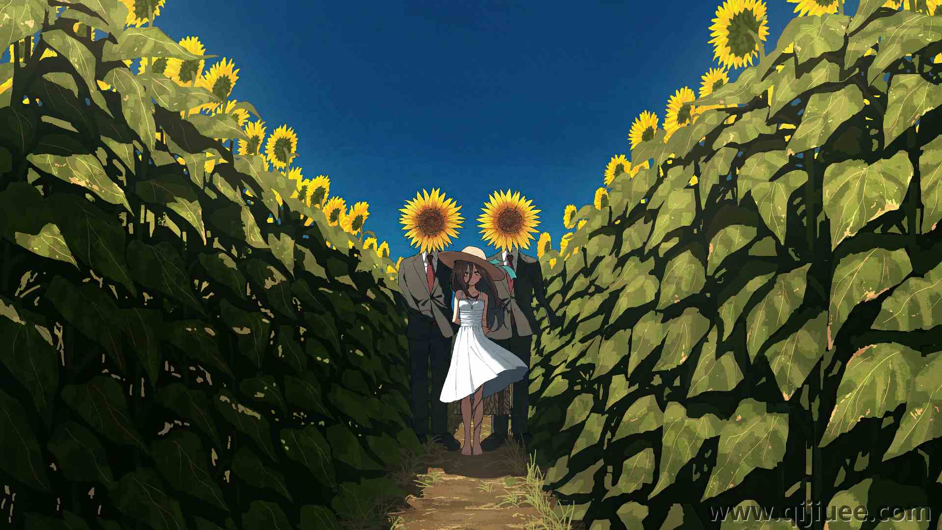站着 长发 赤脚 动漫女孩 晴空 向日葵 夏天 连衣裙 草帽 天空 树叶 白色连衣裙 小路 太阳裙 5120 x 3073/8.66 MB-柒染云阁