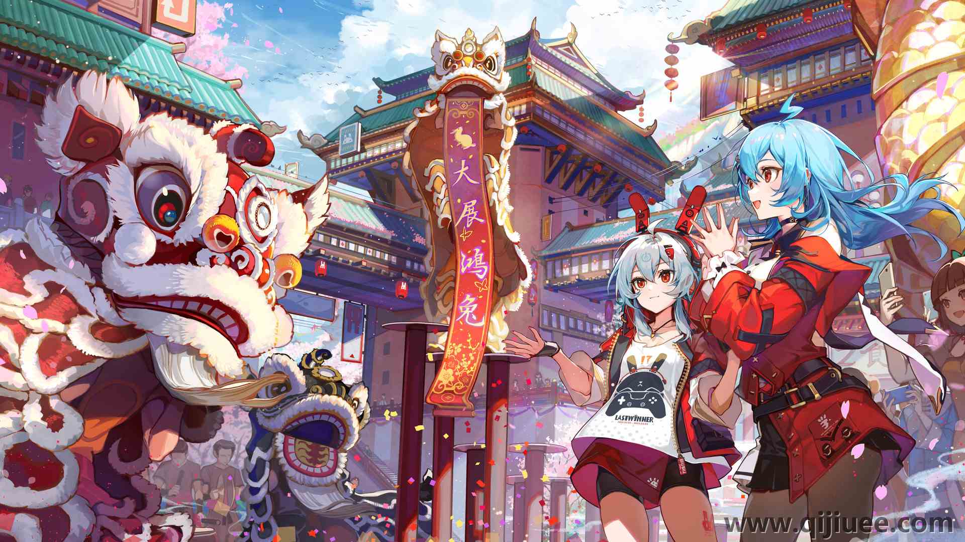 女孩 新年 对联 中国新年 动漫女孩 花瓣 3840 x 2160/2.53 MB-柒染云阁