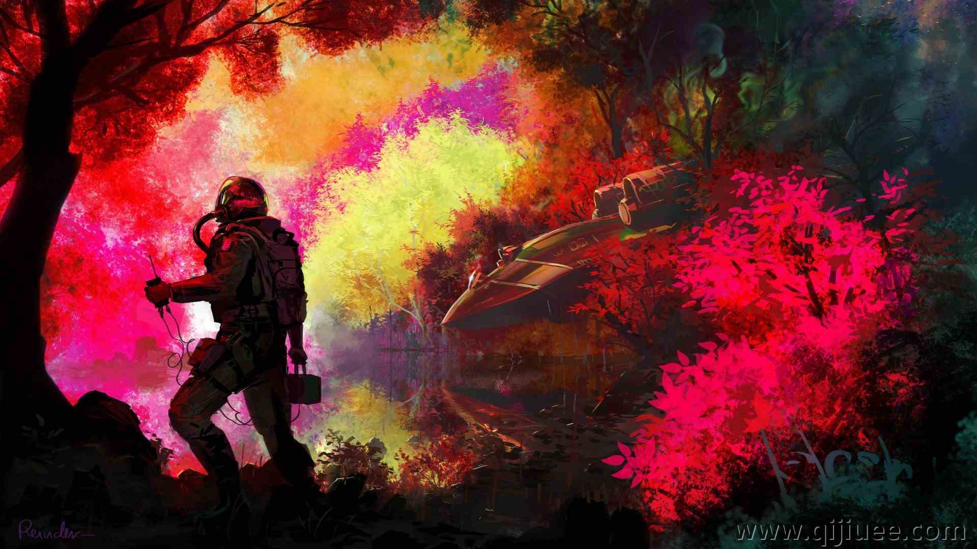 宇航员 飞行员 宇宙飞船  森林 科幻小说 坠毁 3840 x 2160/1.09 MB-柒染云阁