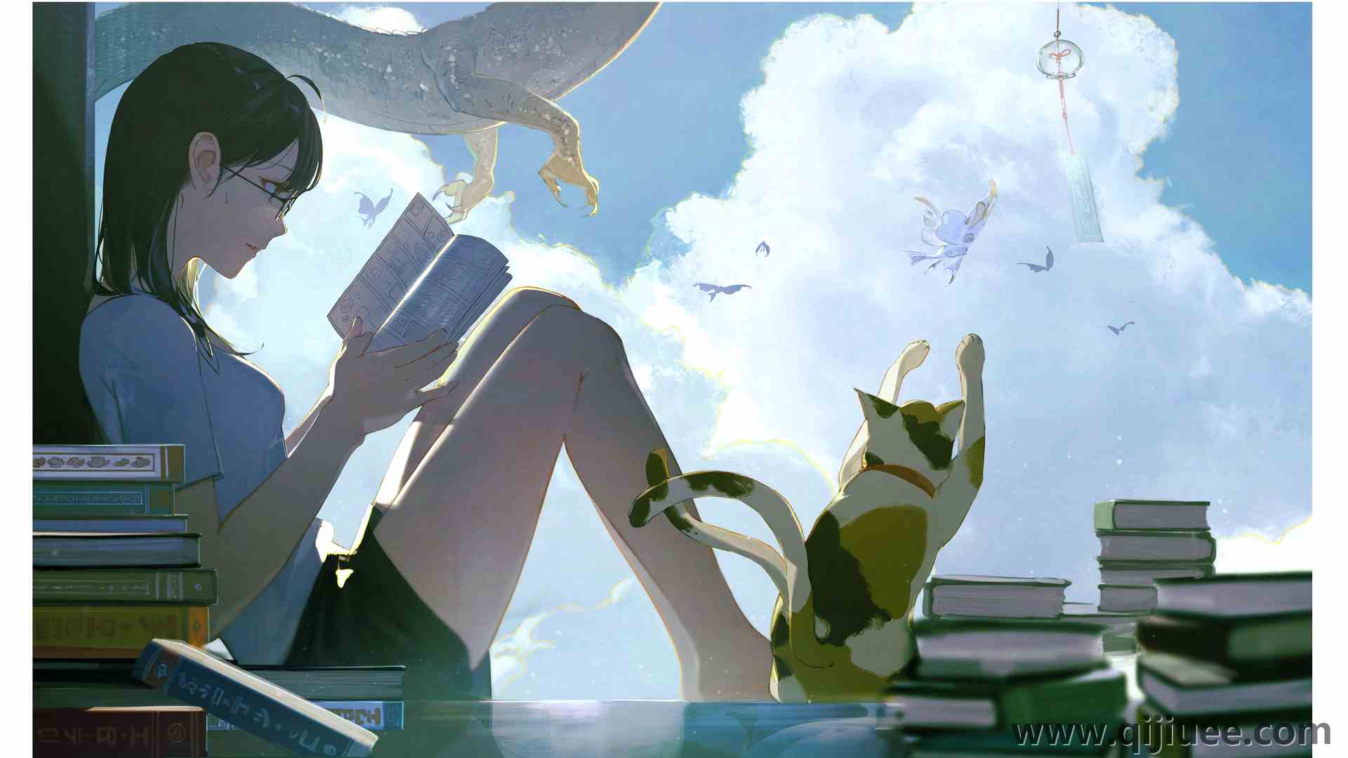 猫 天空 书 眼镜 动漫女孩 动物 6002 x 3706/16.9 MB-柒染云阁