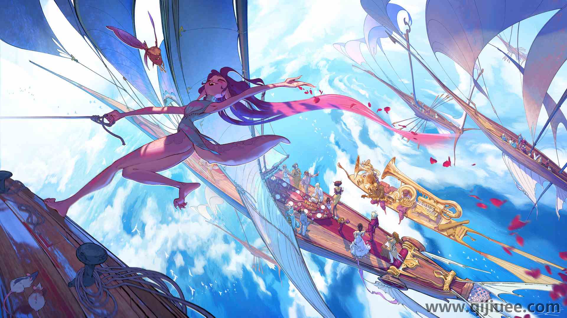 船 天空 云 花瓣 欢乐的女孩 电脑壁纸3840 x 2160/2.27 MB-柒染云阁