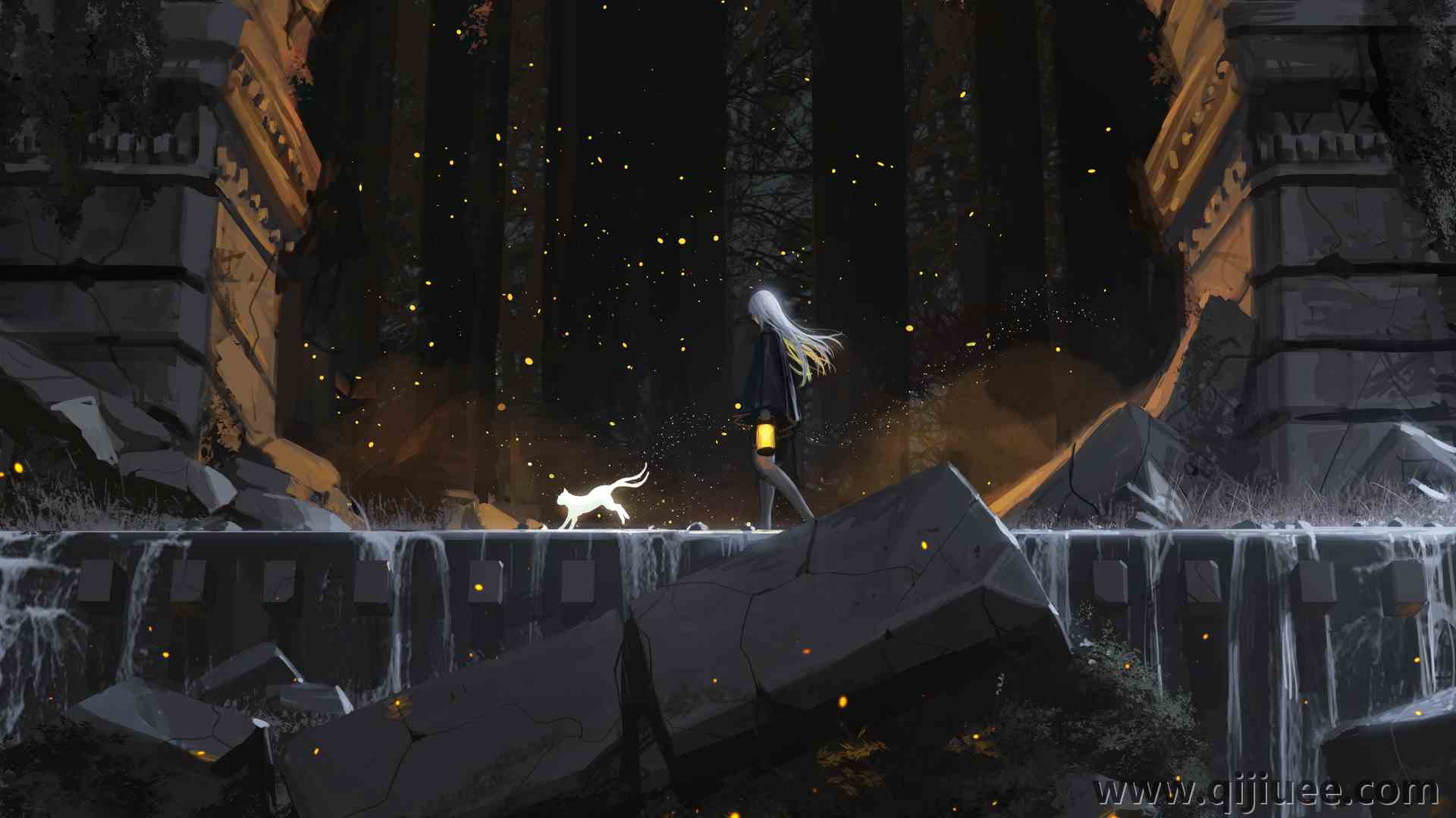 奇幻艺术 绘图 废墟  走路的女孩 概念艺术 猫3840 x 2160/1.54 MB-柒染云阁