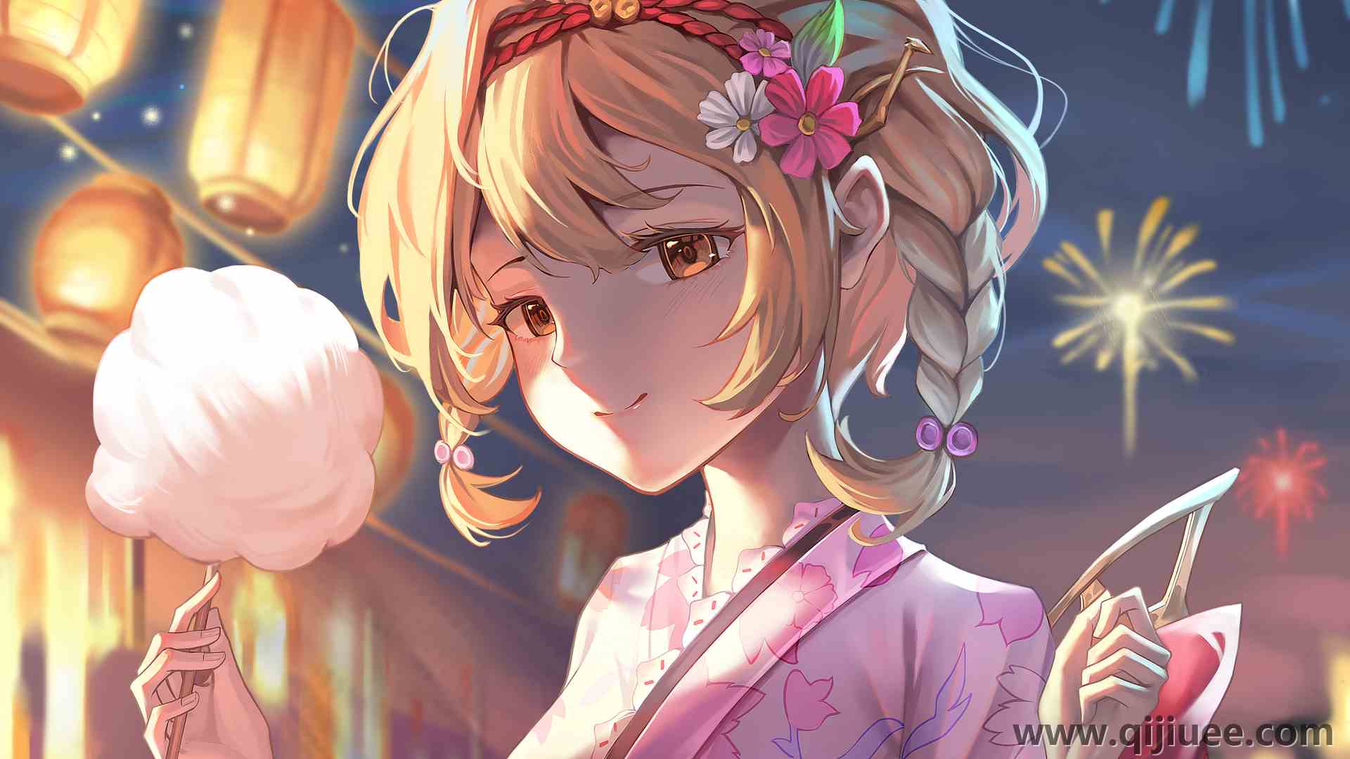 金发 动漫 动漫女孩 黄眼睛 烟花 棉花糖 糖果 灯笼 3840 x 2160/1.79 MB-柒染云阁