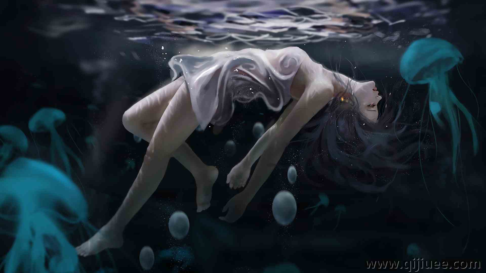 AI艺术 水母 水下 水中 动漫女孩 4096 x 2652/2.42 MB-柒染云阁