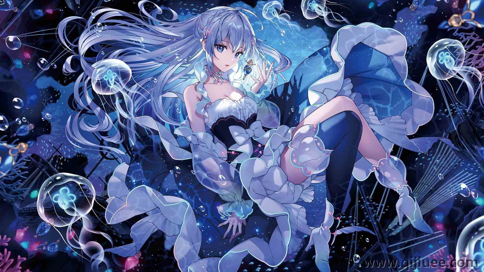 动漫 动漫女孩 水母 蓝色连衣裙3840 x 2160/0.87 MB-柒染云阁