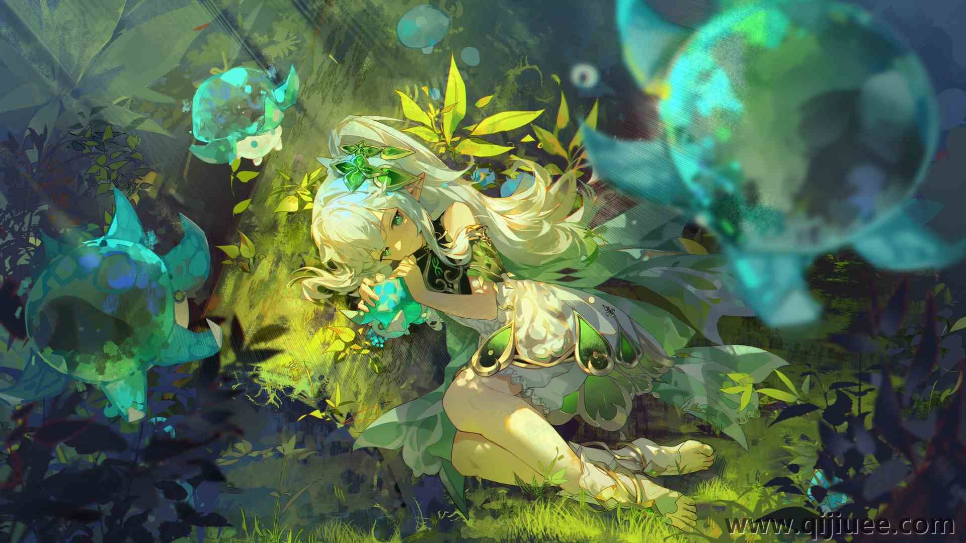 白色头发 绿色眼睛 精灵女孩 白色连衣裙 3840 x 2160/2.02 MB-柒染云阁