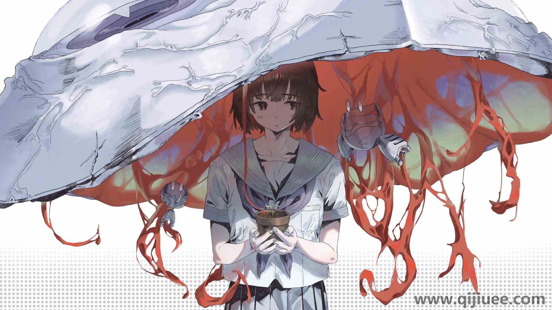 动漫女孩 雨伞 生物 校服 植物  简单背景 3840 x 2160/1.09 MB-柒染云阁