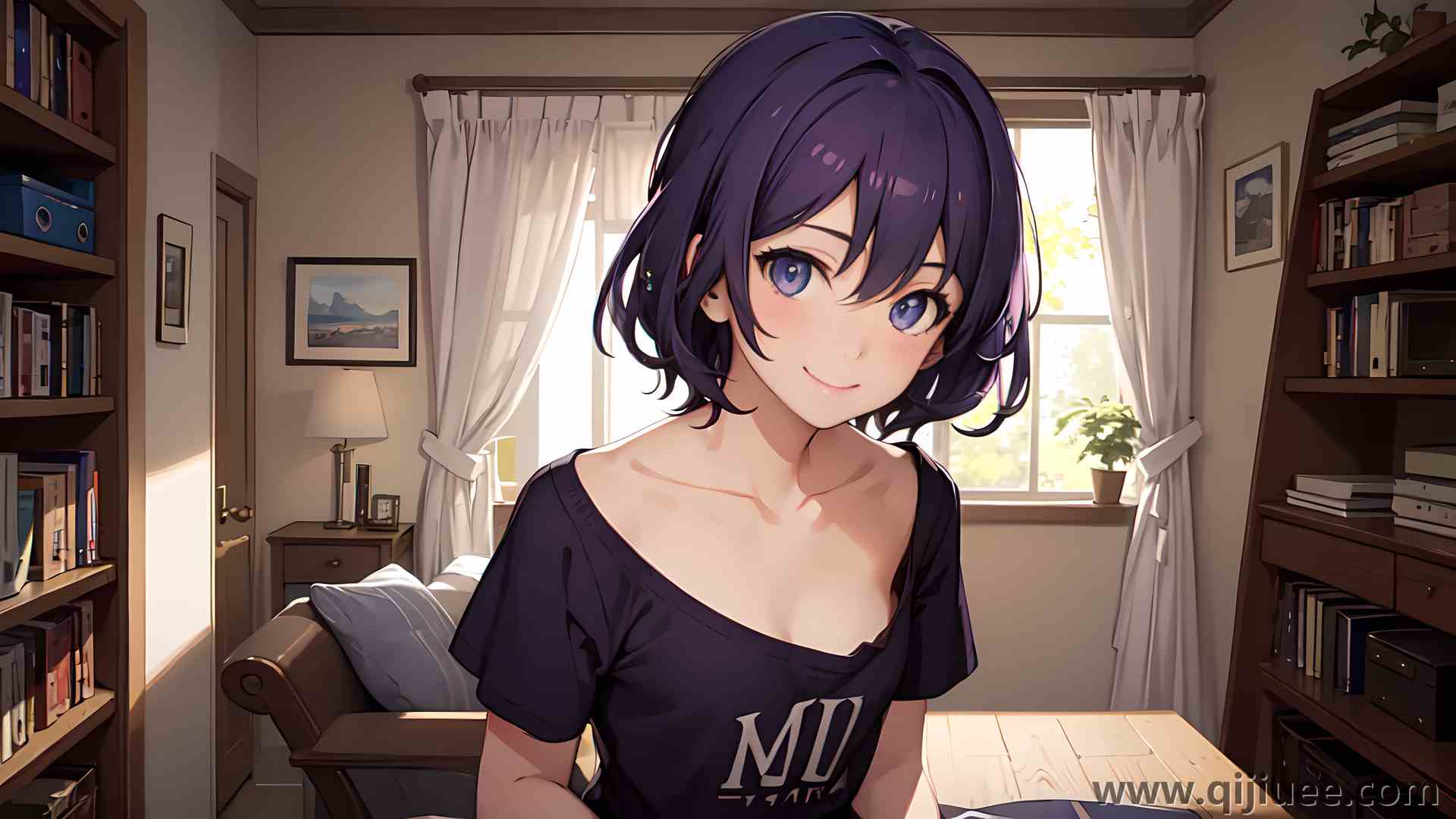 短发 微笑 艺术 动漫女孩 室内 书籍 书架 宽松的衣服 室内 3840 x 2160/1.21 MB-柒染云阁