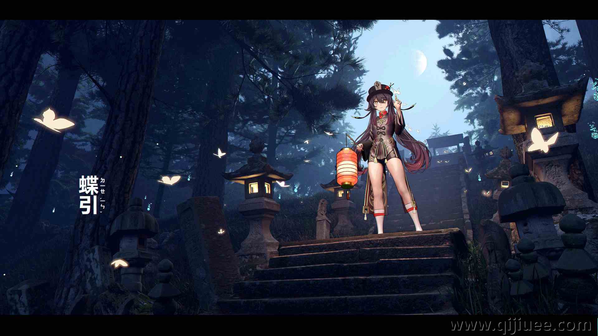 胡桃 长发 动漫 动漫女孩  楼梯 蝴蝶 双尾 3840 x 2160/1 MB-柒染云阁