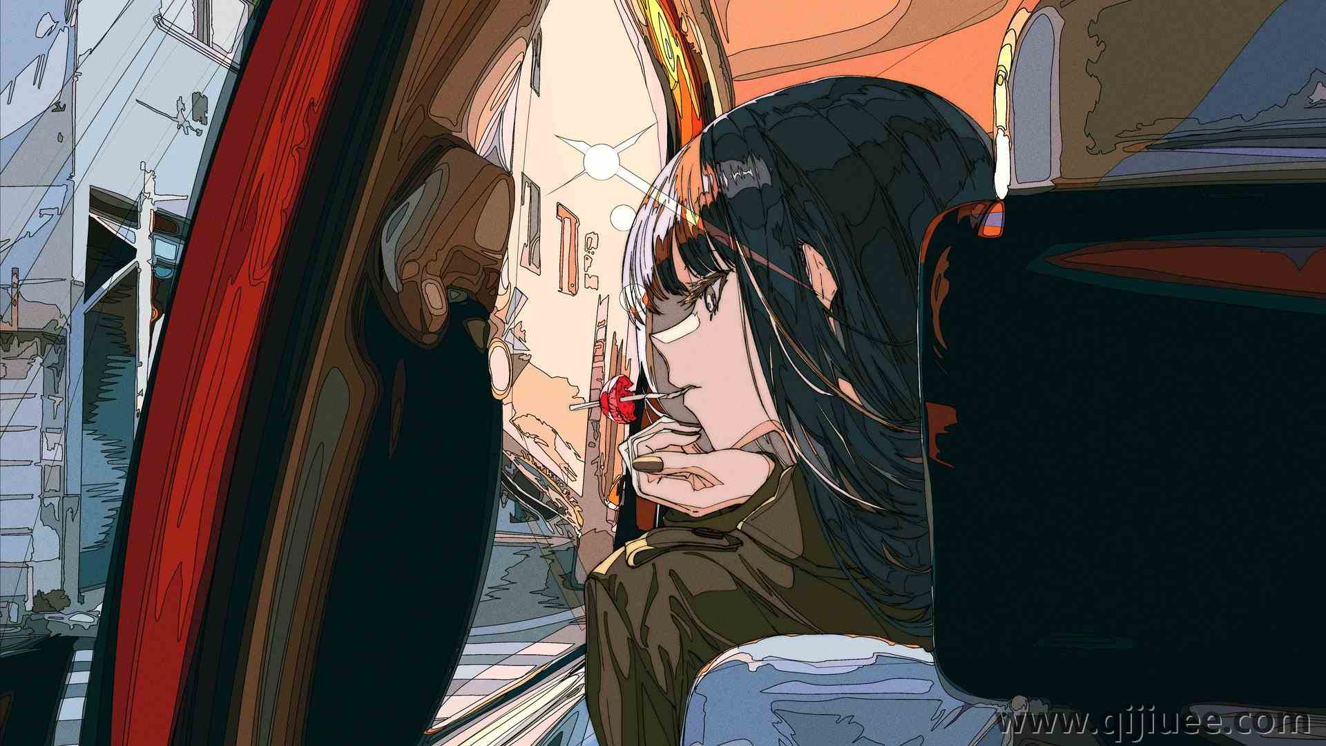 原创人物 黑眼睛 动漫 动漫女孩 汽车 日落 黑发 3840 x 2160/1.4 MB-柒染云阁