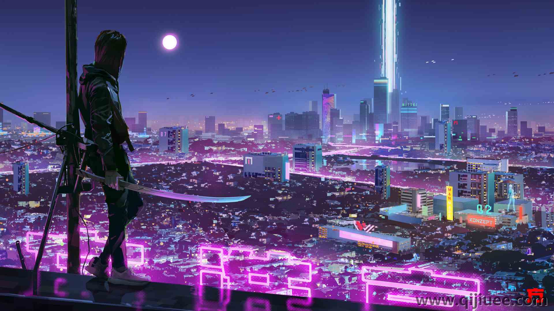 剑 赛博朋克 霓虹灯 城市 夜晚 未来主义3840 x 2160/3.13 MB-柒染云阁