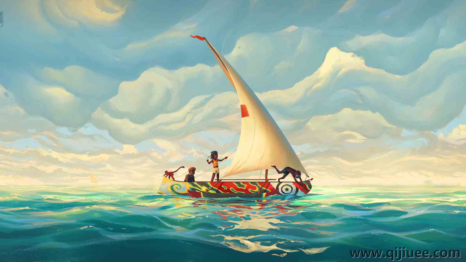 儿童 AI艺术 插图 风景 海洋 水 船 云 帆船 自然 天空 3840 x 2160/1.86 MB-柒染云阁