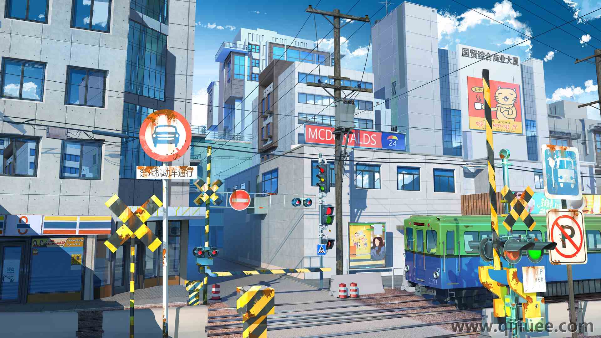 AI艺术 街道 建筑 火车 铁路 日光 风景3840 x 2160/3.17 MB-柒染云阁
